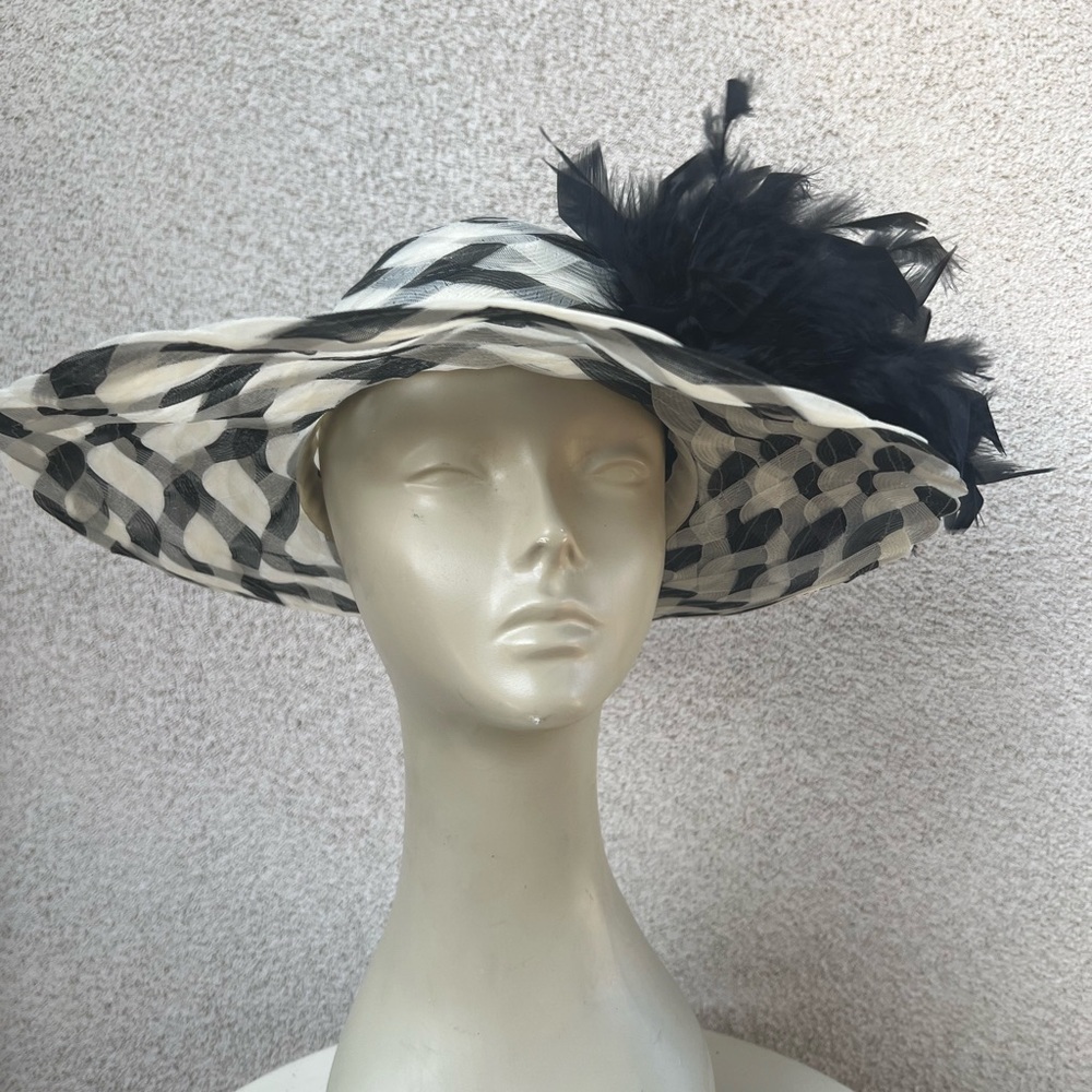 Black white sheer straw ribbon brim Sun hat black boa feathers 22” Hats by Hazel